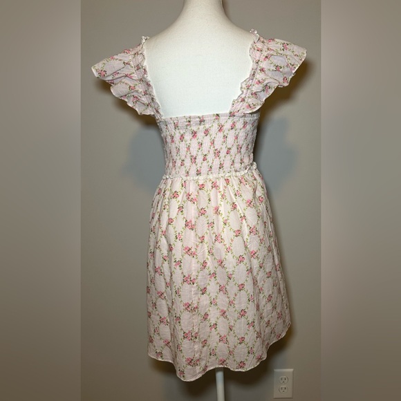 Pink Floral cotton stripe Print Prairie flutter sleeve Dress sweet girlie cute M - Picture 3 of 10